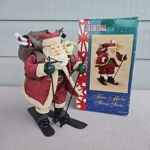 Traditions Fabric Mache Skiing Santa Claus Christmas Decor Figurine Vintage 10"